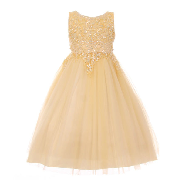 Big Girls Champagne Pearl Sequin Satin Tulle Junior Bridesmaid Dress 8-16 - SophiasStyle.com